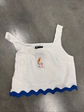 White Cropped Tank Top with Blue Wave Hem - Size S
